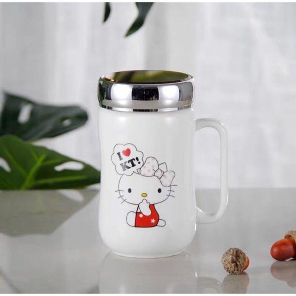 Hello Kitty White Travel Mug with Silver Mirror Lid Ceramic